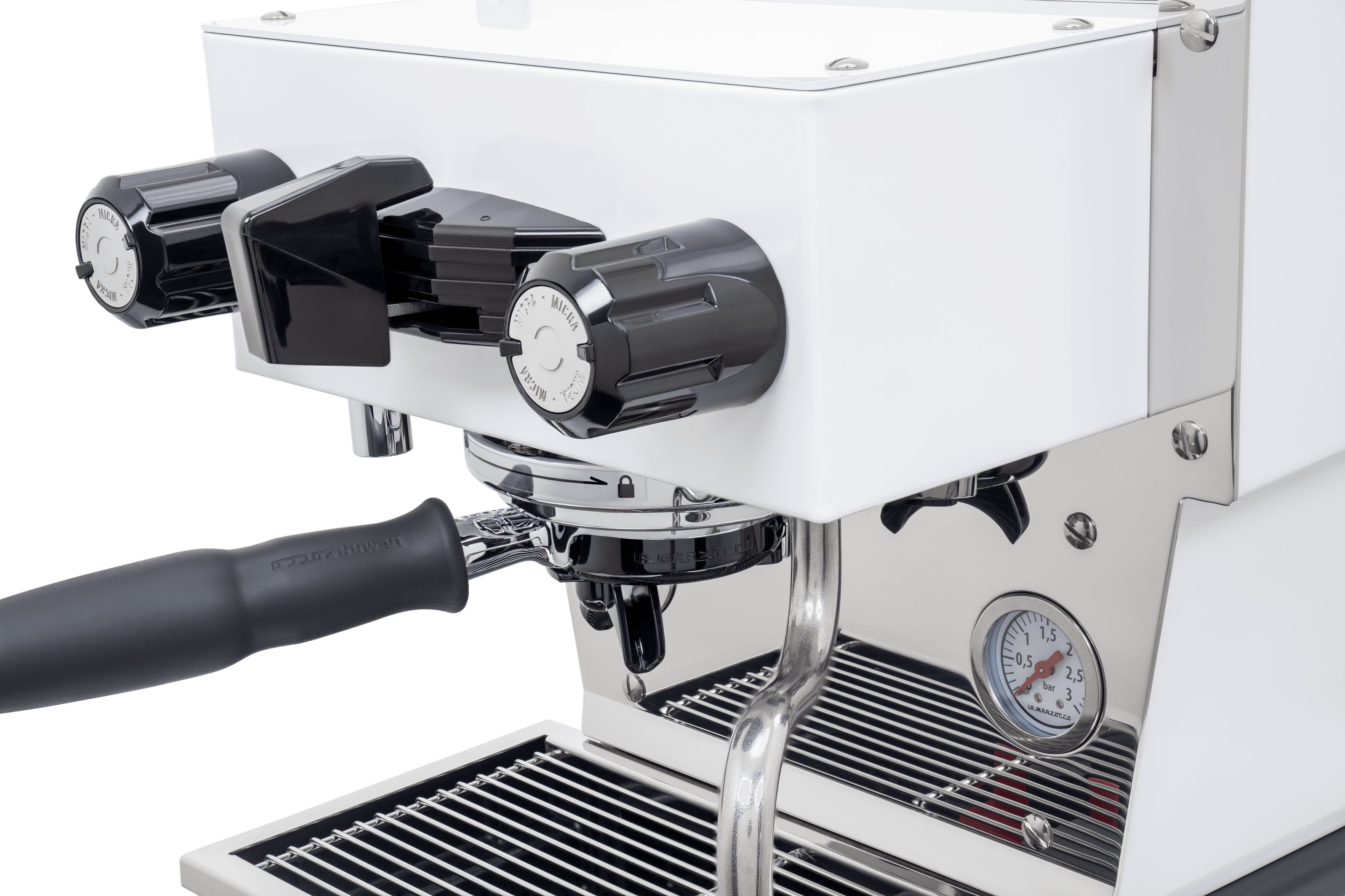A close detail of the fluted steam knob on a white La Marzocco Linea Micra