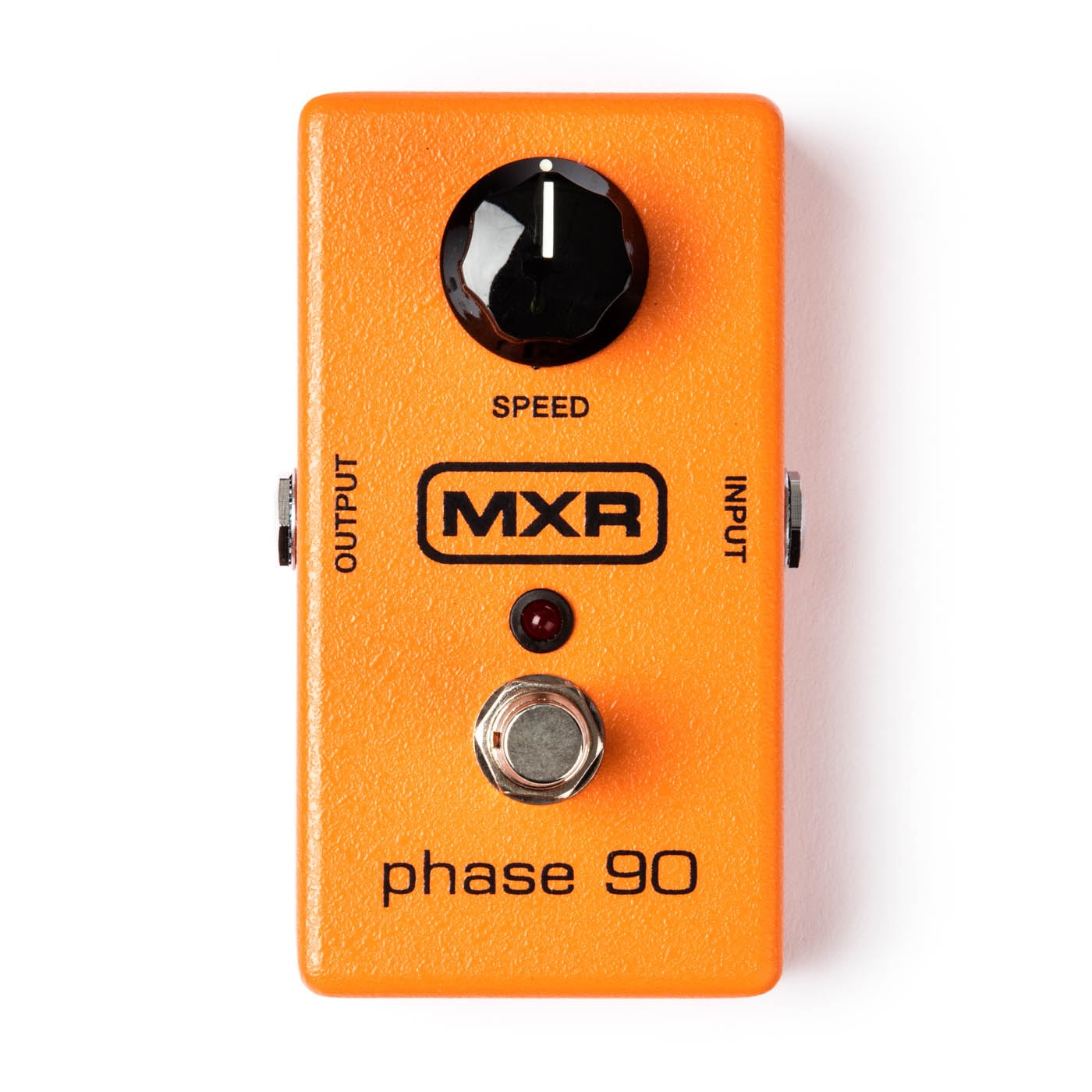 The black speed knob and MXR logo against the orange casing of a Phase 90 guitar pedal