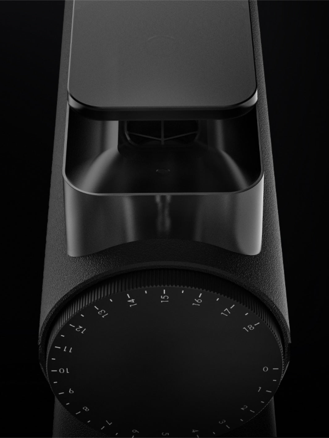 A close detail of the numbered grind adjustment dial on a black Timemore Sculptor